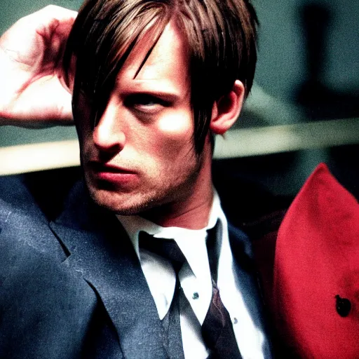 Image similar to Leon Kennedy from Resident Evil as The American Psycho, sweating intensely, cinematic still