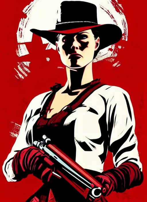 Image similar to a Red Dead Redemption poster of Evan Rachel Wood as Dolores, in the show Westworld, poster artwork by Michael Whelan and Tomer Hanuka, clean