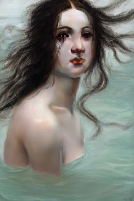 Image similar to young woman's face breaking the waters surface, long black hair, pale skin, symmetrical face, photorealism, 4k, highly detailed, smooth render, dramatic lightning, by Millais,