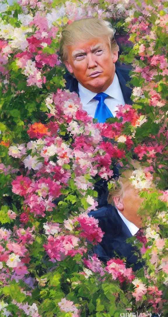 Image similar to romantic detailed portrait of donald trump surrounded by beautiful flowers, by gregory manchess, james gurney, james jean