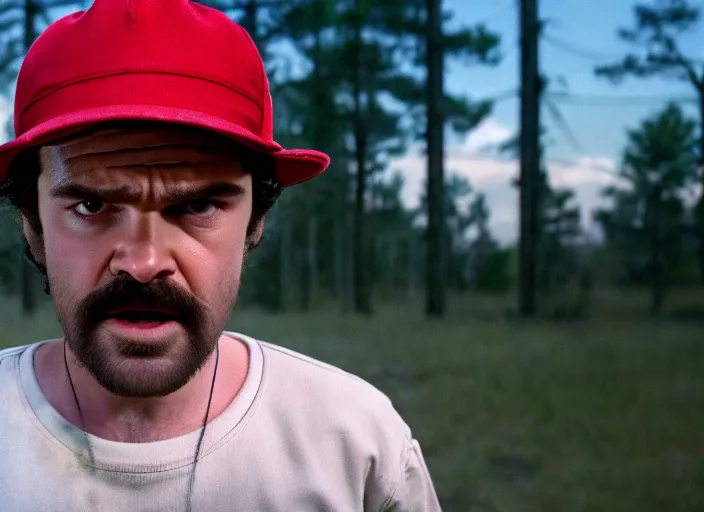 Image similar to film still of jim hopper as dustin henderson in stranger things, 8 k