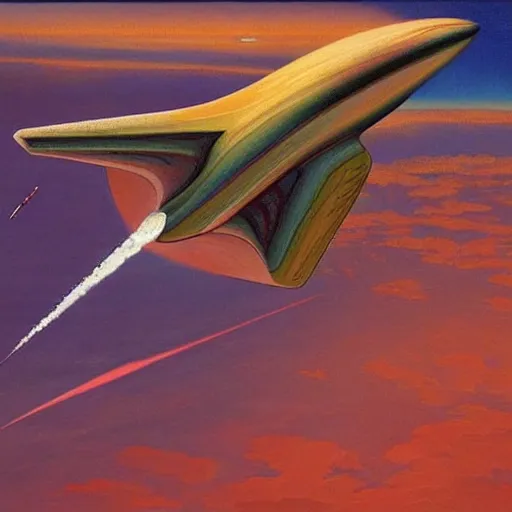 Prompt: a beautiful painting of a space craft flying on a great lake with spectacular clouds by moebius