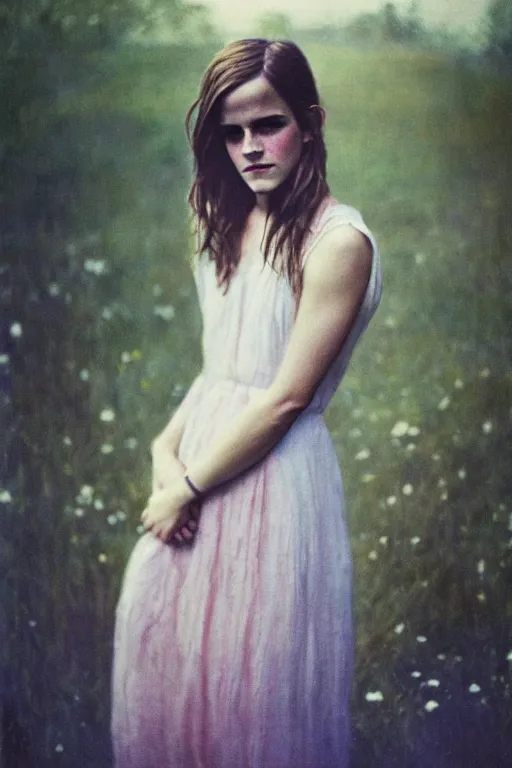 Prompt: color polaroid of Emma Watson by Andrei Tarkovsky, Richard Schmid, Jeremy Lipking full length shot, wearing in a summer dress, very detailed, stunning light, beautiful face, crossed arms