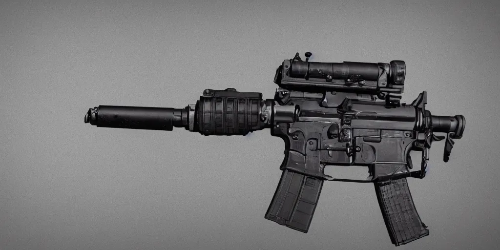 Image similar to m4 carbine, black, scifi, dirty, gritty, studio lighting, chromatic aberration, concept art