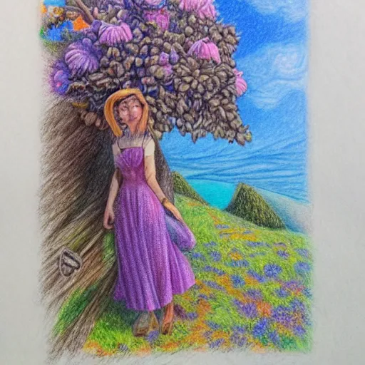 Image similar to Colored pencil art on paper, highly detailed, artstation, People, Plants and Trees, Animals, Magical Creatures, buildings, scenery, enchanted landscapes, PrismaColor