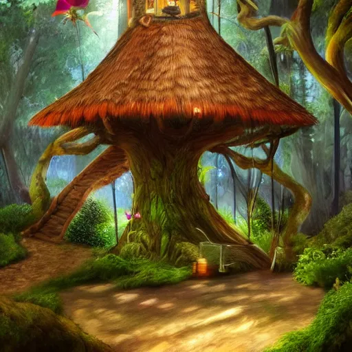 Prompt: fancy treehouse in the enchanted forest detailed magical realism photo realistic painting 8k trending on artstation with colorful tropical flowers and palm trees