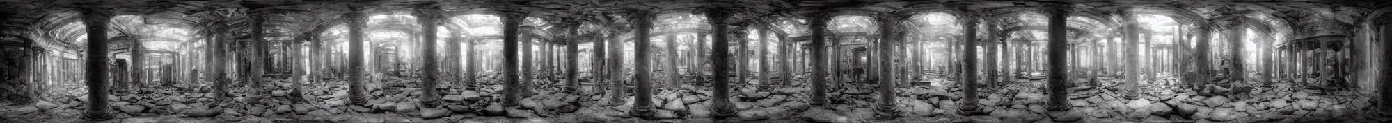 Image similar to photo of an immersive forgotten panopticon well, with columns and destroyed cybernetics from an ancient civilization, photorealistic, higly detailed dark, 3 6 0 picture, panorama, 3 5 mm slide, trending on flickr, in the style of francesca woodman, zachary corzine, zhelong xu, greg rutkowski and anders zorn