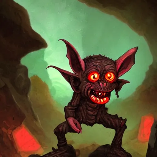 Image similar to a goblin made out of rocks, with glowing red eyes, in a cave, like magic the gathering, by christopher rush, hd, digital art