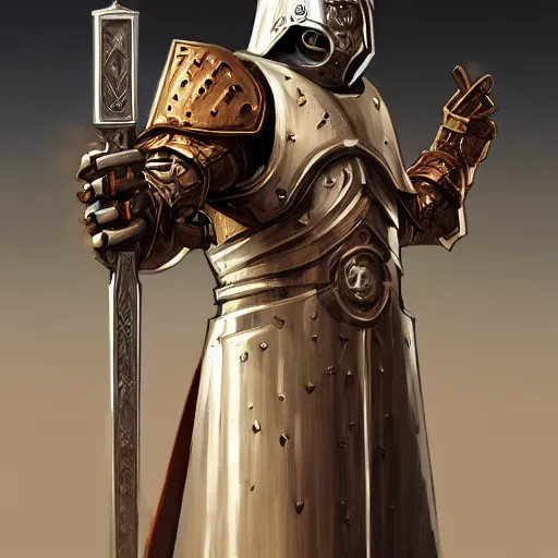 Prompt: beautiful warforged crusades construct wood steel holy cleric crusader runes warforged crusades tabard hooded cloak divine knights templar, intricate, elegant, highly detailed, digital painting, artstation, concept art, smooth, sharp focus, illustration, art by artgerm and greg rutkowski and alphonse mucha and loish and wlop