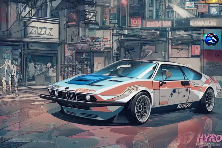 Prompt: 1975 BMW M1 Stratos, city in anime cyberpunk style by Hayao Miyazaki