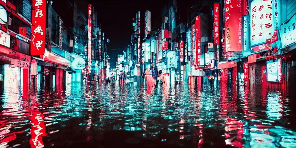 Prompt: white haired girl walking in a vibrant flooded tokyo at night, neon lights lots of trees,, volumetric lighting, ambient lighting, cinematic, subtle, vibrant colors, photo, by studio ghibli