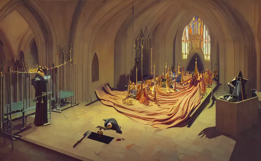 Prompt: King funeral at church,highly detailed, very coherent, painted by Francis Bacon and Edward Hopper, Wayne Barlowe, painted by James Gilleard, surrealism, airbrush, art by JamesJean