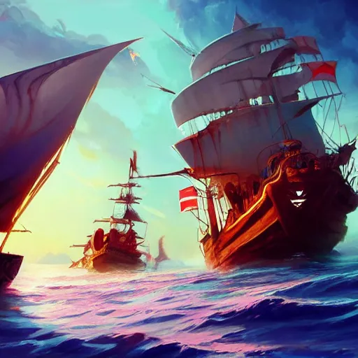 Prompt: ocean wherea large pirate ship is sailing, pirates flag, cgsociety, fantasy art, 2 d game art, concept art, heavenly lighting, retrowave, behance hd, concept art by jesper ejsing, by rhads, makoto shinkai cyril rolando, madgwick, cory loftis, anime studio and pixar animation studio and disney