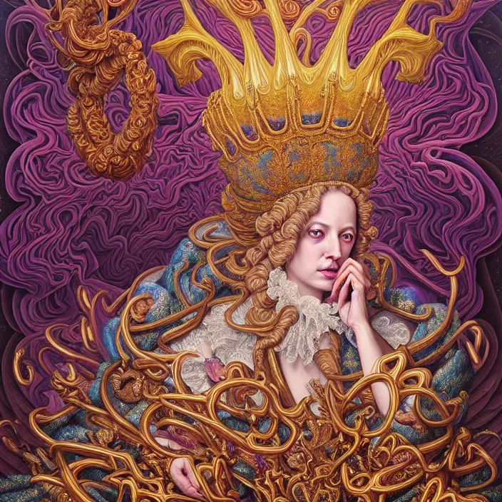 Image similar to beautiful oil painting, full length portrait of dauphinois in baroque coronation robes 1701, Dan Mumford, Dan Mumford, Alex grey, hyacinthe rigaurd, highly detailed , lsd visuals, dmt fractal patterns, hallucinogen, visionary art, psychedelic art, ornate, vaporwave, baroque, Greg rutkowski