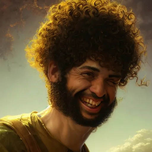 Image similar to a smiling curly - haired persian guy by david a hardy, noriyoshi ohrai, gary ruddell, greg rutkowski highly detailed, cinematic composition, trending on artstation