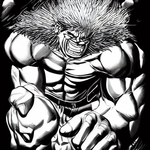 Image similar to Hulk by Kentaro Miura, highly detailed, black and white