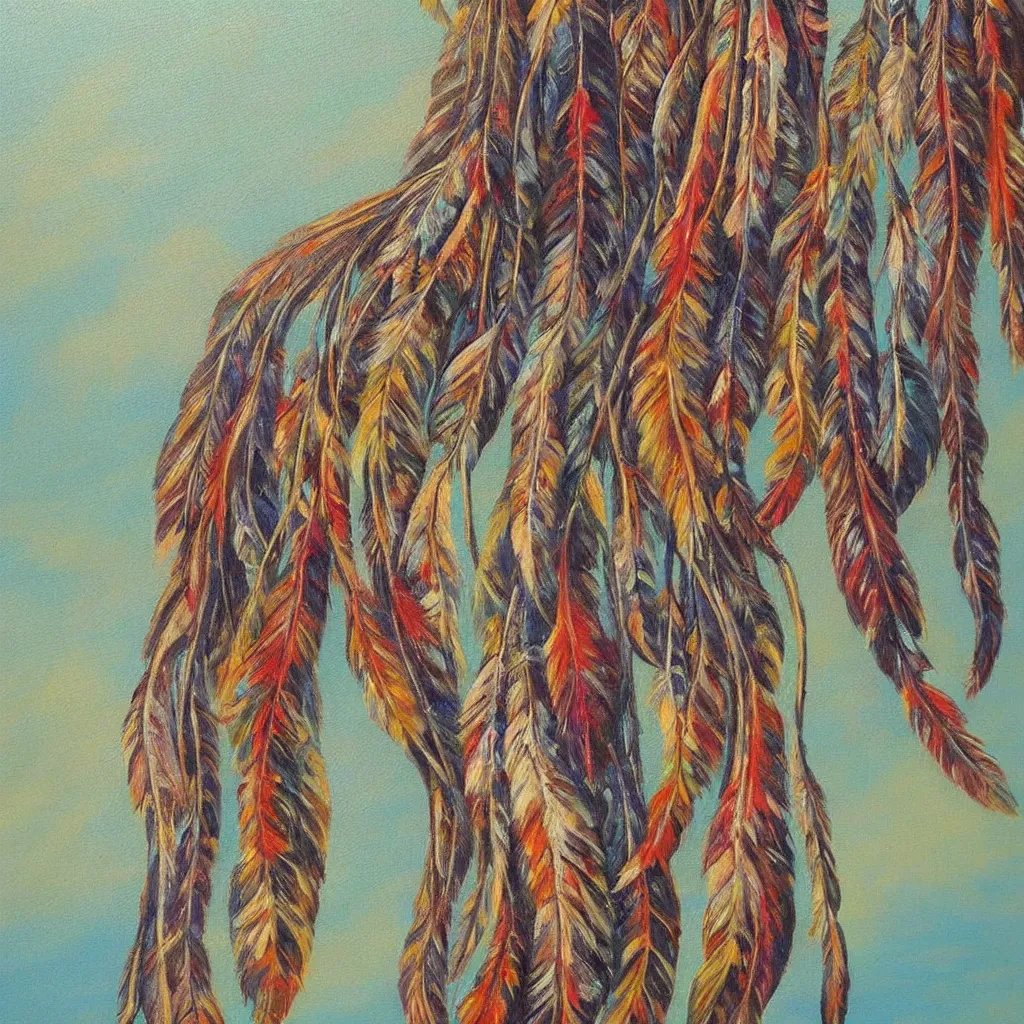 Prompt: dreamcatcher, native american art, peaceful, countryside, realistic, oil painting