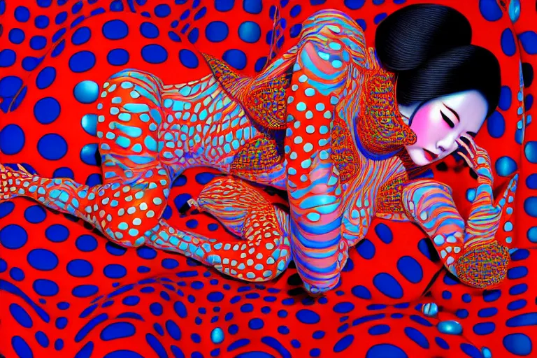 Image similar to realistic detailed image of a geisha laying down in a padded room, conjuring psychedelic background, part by yayoi kusama, part by alex gray, part by ross tran, part by james jean, ultra realistic, highly detailed, life like face, detailed body, 8 k, octane render, trending on artstation, very cohesive, masterpiece