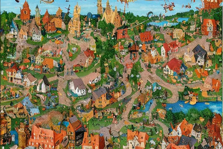 Prompt: an elaborate and dense painting of a peaceful neighborhood, detailed, made of alcohol ink on parchment and penned illustrations, by richard scarry and ( ( ( ( ( hieronymus bosch ) ) ) ) ) and geoff darrow!!!!!