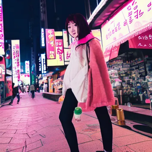 Image similar to korean anime girl with pink hair walking in seoul, drinking boba drink at night