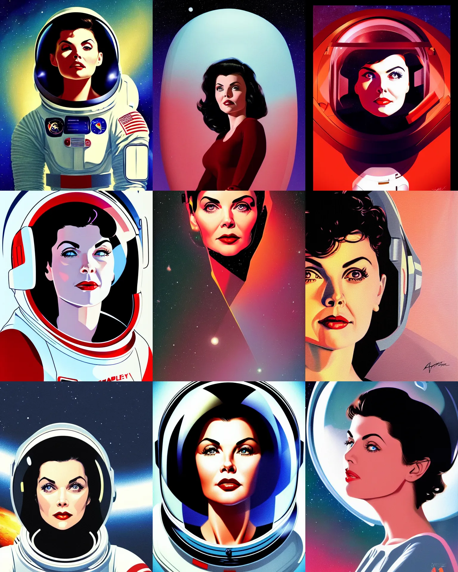 Prompt: sherilyn fenn 2 6 years old astronaut, in the film 2 0 0 1 a space odyssey, half portrait by stanley artgerm, dramatic lighting, ilya kuvshinov, trending on artstation, flat colour, geometric curves, gradient filter, pleasing tone colours