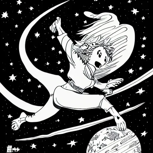 Prompt: angelic lioness flying in outer space, wide angel, black and white ink on paper, thick outlines, 8k high quality detailed art, trending on art station, manga art, by Eiichiro Oda