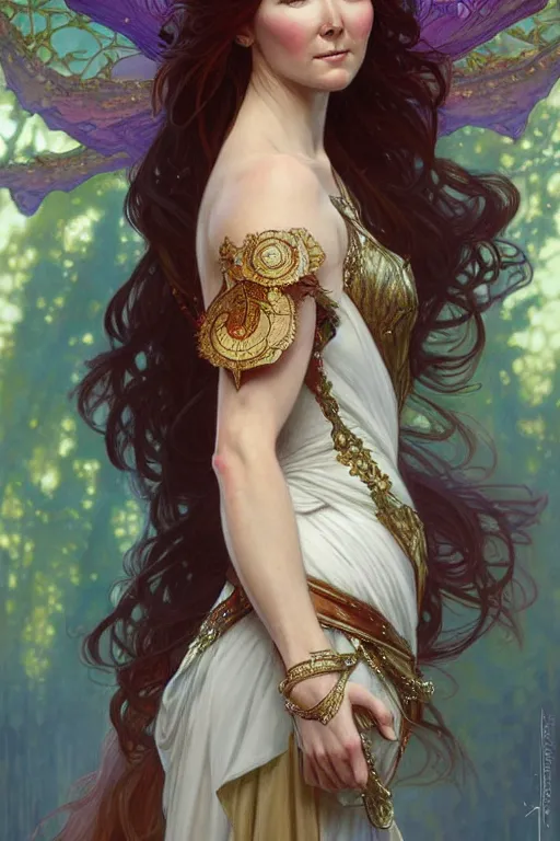 Image similar to Jewel Staite as a princess, fantasy, intricate, elegant, highly detailed, digital painting, artstation, concept art, matte, sharp focus, illustration, art by Artgerm and Greg Rutkowski and Alphonse Mucha