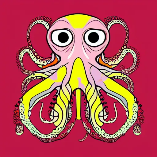 Prompt: cyborg octopus symmetrical colour ink painting, coloured!!, digital art, minimal geometric, vector art