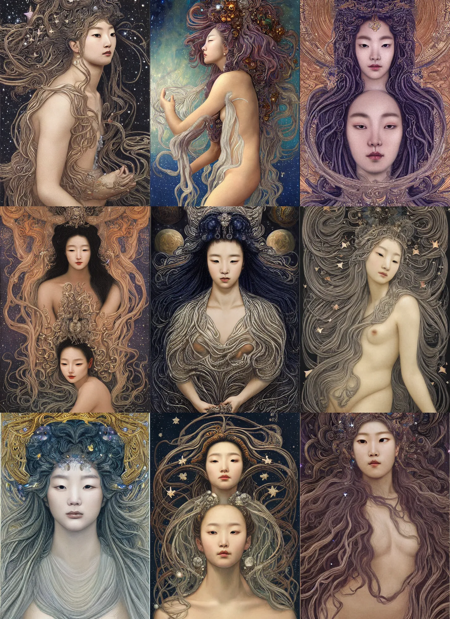 Prompt: baroque neoclassicist portrait of hoyeon jung as a beautiful jupiter goddess with stars in her flowing hair, reflective detailed textures, glittering multiversal ornaments, scifi painting by diego rivera and jean delville and james jean, dramatic lighting, gleaming silver and soft rich colors