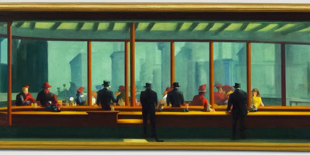 Image similar to painting, view from inside edward hopper's painting nighthawks, of a group of werebears robbing a bank, foggy