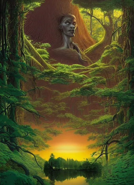 Prompt: breathtakingly beautiful ultrawide angle colour masterpiece dream by roger dean and greg hildebrandt and kilian eng and jean giraud and giger and beeple and studio ghibli, forest clearing, lake, reflection, symmetry, secret overgrown temple, mysterious person looking over shoulder, incredible sense of depth and perspective and clarity, arch, weird abstract, 8 k