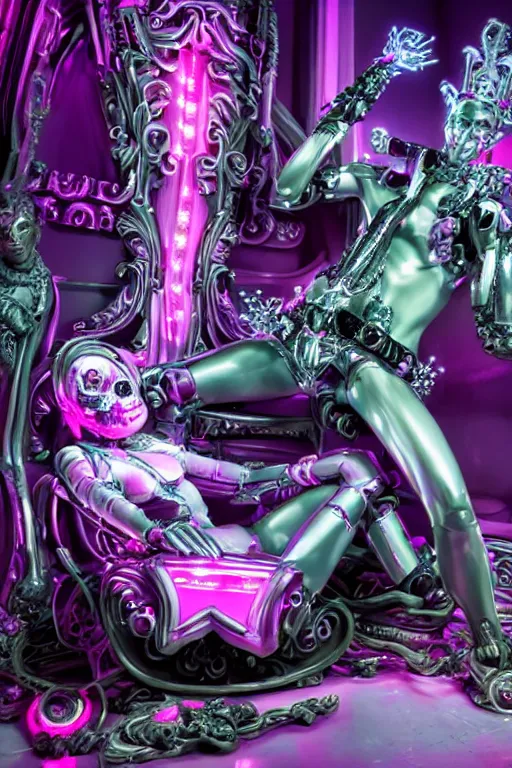 Image similar to full-body rococo and cyberpunk style neon statue of a young attractive deporitsta macho dotado e rico android sim roupa reclining con las piernas abertas e la piroca dura, glowing white laser eyes, prince crown of pink gears, diamonds, swirling silver-colored silk fabric. futuristic elements. full-length view. space robots. human skulls. intricate artwork by caravaggio. Trending on artstation, octane render, cinematic lighting from the right, hyper realism, octane render, 8k, depth of field, 3D