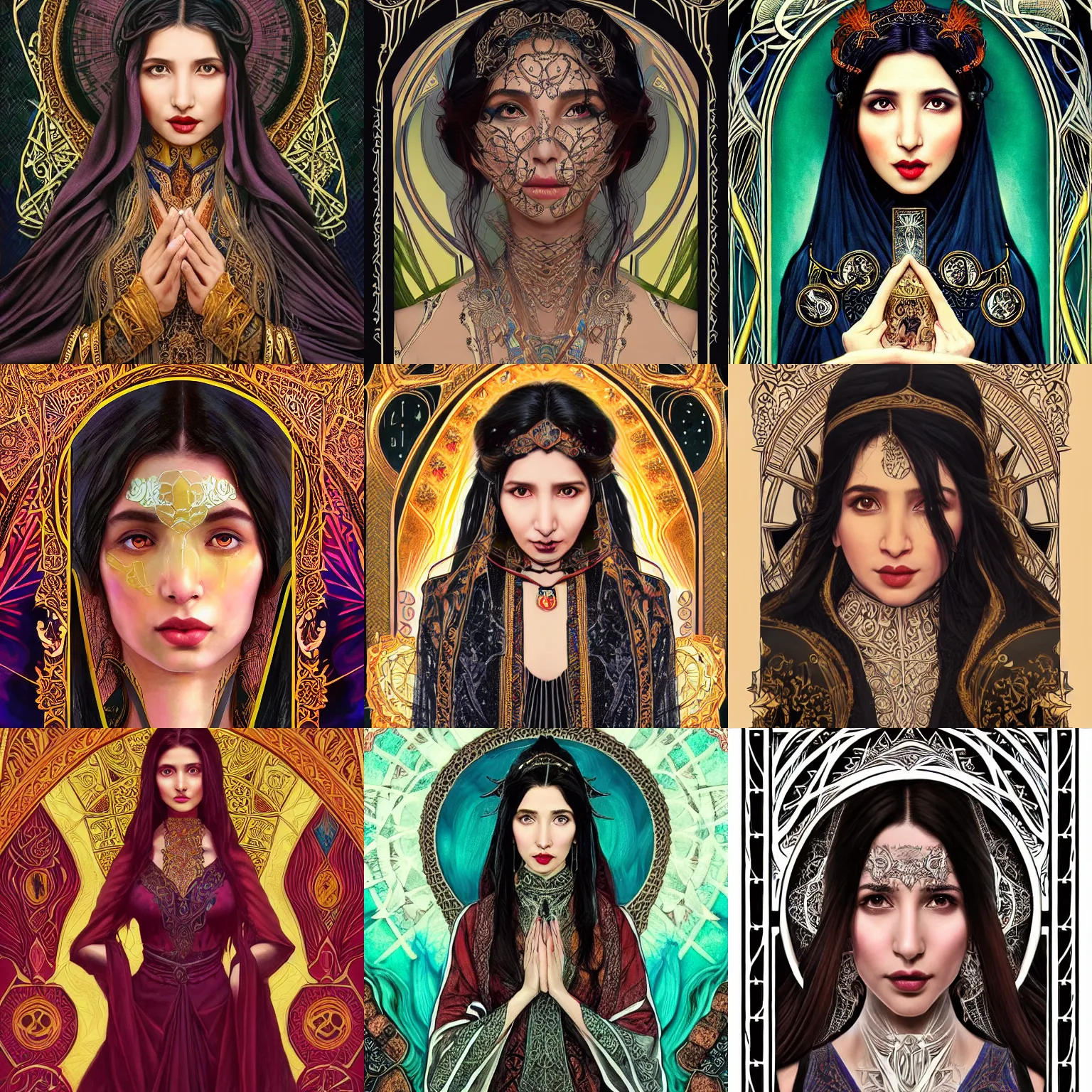 Prompt: head-on symmetrical centered painted portrait, Mahira Khan as a D&D wizard mage, black hair, no hands, ornate mage robes, art nouveau, tarot card style, fantasy, intricate, elegant, highly detailed, smooth, sharp focus, illustration, artstation, in the style of Artgerm and Anna Podedworna and Alex Ross and Mucha