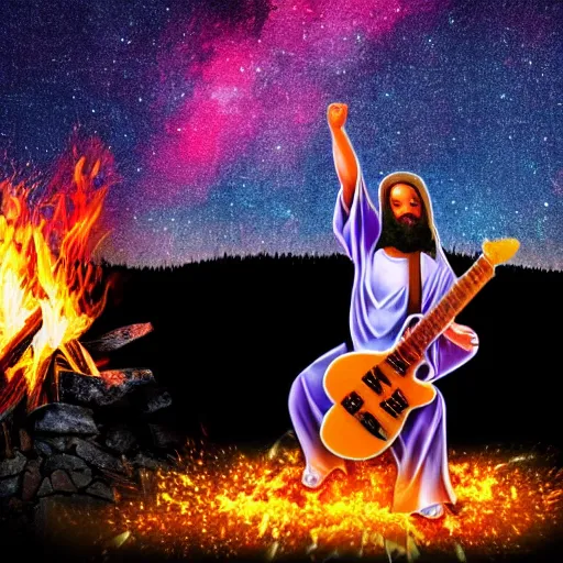 Prompt: bokeh photo of jesus rocking out with electric guitar surrounded by fire, with meteor shower in the background