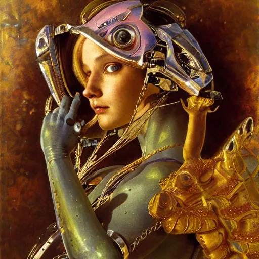 Image similar to highly detailed portrait of a robotic chameleon mecha, painting by gaston bussiere, craig mullins, j. c. leyendecker, lights, art by ernst haeckel, john william godward, hammershøi,