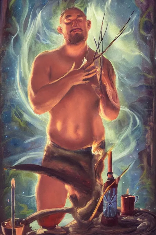 Prompt: an ethereal dramatic tarot card painting of a shirtless handsome chubby mischievous cowboy | background is a dark night with a serene campfire | tin cans and jugs of whisky | tarot card, art deco, art nouveau | by Mark Maggiori | trending on artstation