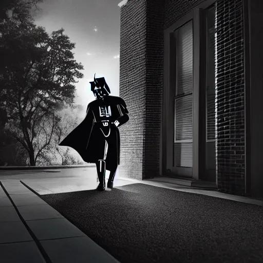 Image similar to darth vader is walking up the front walk of a chicago bungalow at night, menacing mood, dark lighting