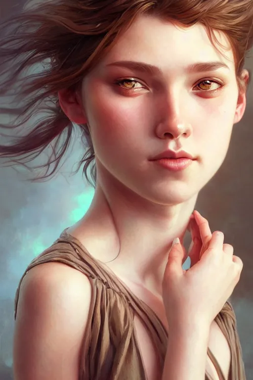 Image similar to photorealistic portrait of a young girl drinks monsyer energy, female, masculine, upper body, fantasy, fierce, sharp features, intricate, elegant, highly detailed, digital painting, artstation, concept art, matte, sharp focus, illustration, art by artgerm and greg rutkowski and alphonse mucha