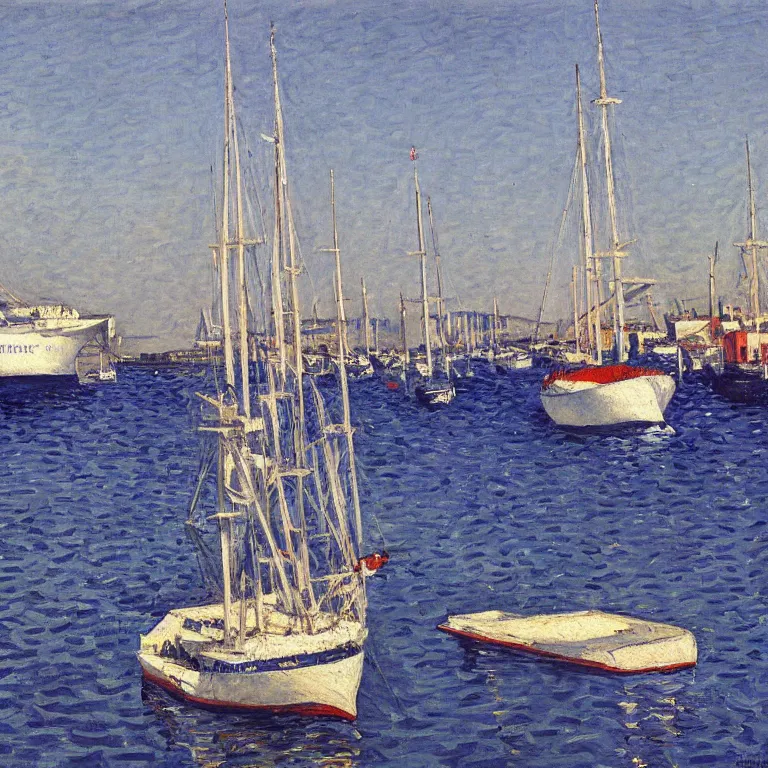 Prompt: a master gouache painting of a big ship docked at the harbor, central composition, shape obvious, sharp focus, very detaied, by gustave caillebottet