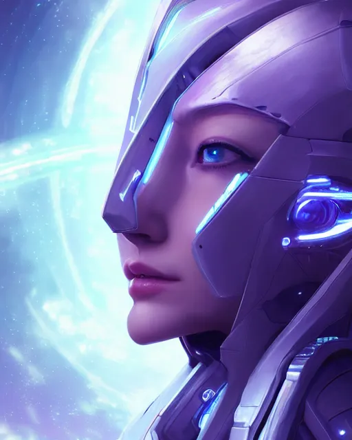 Image similar to perfect android girl on a mothership, warframe armor, beautiful face, scifi, futuristic, galaxy, nebula, raytracing, dreamy, long white hair, blue cyborg eyes, sharp focus, cinematic lighting, highly detailed, artstation, divine, by gauthier leblanc, kazuya takahashi, huifeng huang