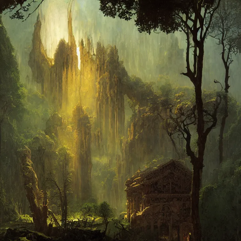 Image similar to a detailed painting inspired by moebius and beksinski of a great luxurious medieval building in the forest. fantasy poster. cinematic fantasy scene. aurora lighting. fantasy. carl spitzweg. baroque elements. baroque element. intricate artwork by caravaggio. oil painting. award winning. dramatic. trending on artstation. 8 k