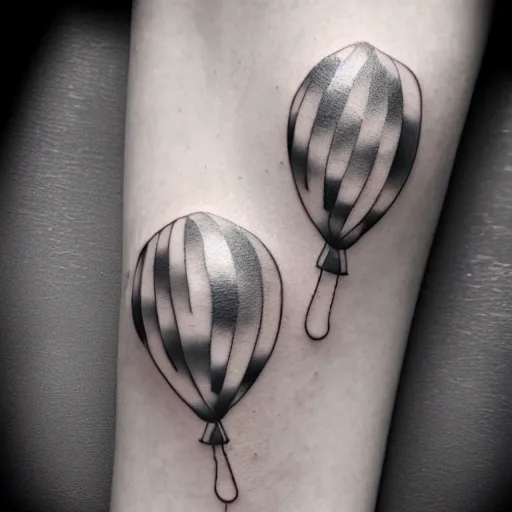 Image similar to a tattoo of multiple small balloons floating up, tattoo art, black and white tattoo,