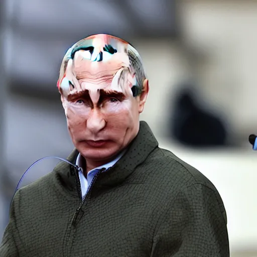 Image similar to Putin with a metal grid mounted on his head