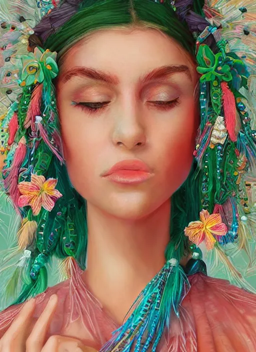 Prompt: beautiful fashion portrait of a mediterranean female wearing fantastic Hand-dyed cotton dress, embellished beaded feather decorative fringe knots ,colorful pigtail,subtropical flowers and plants,symmetrical face,intricate,elegant, highly detailed, 8k,post-processing,digital painting, trending on pinterest, arper's bazaar,concept art, sharp focus, illustration, by artgerm,Tom Bagshaw,Daniel Gerhartz,Albert Aublet,Lawrence Alma-Tadema