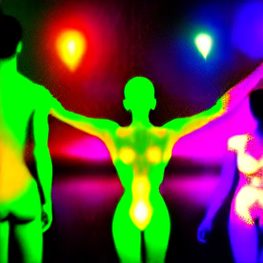 Image similar to diverse groups of humans with glowing electronic body implants projecting amazing images collectively, from behind, rebirth, beauty, wide angle, elaborate, wet, highly detailed, colors, beautiful lighting