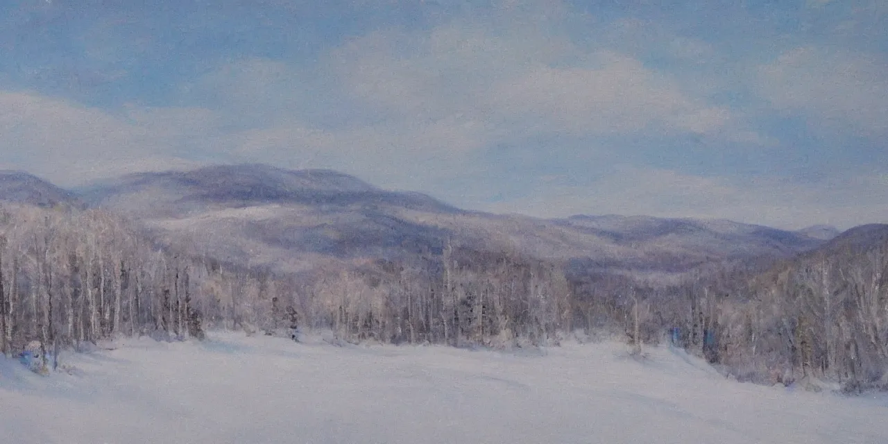 Image similar to laurentian mountains in winter, impressionist landscape painting