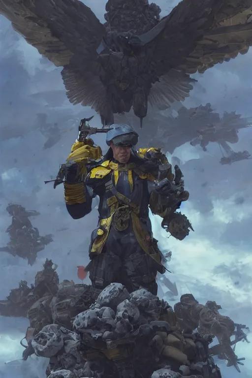 Image similar to A distant shot of a super soldier with a Ukrainian blue and yellow uniform with wings is standing on a pile of skulls, Call of Duty, marvel comics, dark, intricate, highly detailed, smooth, artstation, digital illustration by Ruan Jia and Mandy Jurgens and Artgerm and Wayne Barlowe and Greg Rutkowski and Frank Frazetta