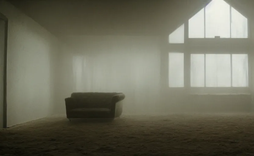 Image similar to screenshot photo low angle interior of a house built on nothing and something for the nothing underneath, scene from being john malcovich film directed by charlie kaufman ( 2 0 0 1 ), foggy volumetric light morning, moody cinematography, 2 4 mm anamorphic lens, 3 5 mm film