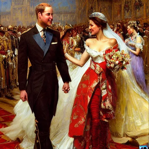 Prompt: the painting of prince william and bella hadid's royal wedding, art by gaston bussiere, craig mullins, j. c. leyendecker, realistic human faces, smiling faces, royal wedding, england