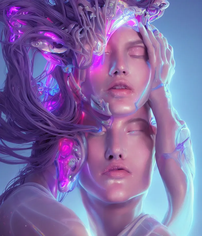 Image similar to iridescent portrait of a beautiful princess in robe. hard surface modelling. cyberpunk look. biomechanical mask. bio luminescent biomechanical halo around head. neon jellyfish. artwork by jarold Sng by artgerm, by Eddie Mendoza, by Peter mohrbacher by tooth wu, unreal engine, octane render, cinematic light, high details, iridescent colors, dichroic, macro, 4l